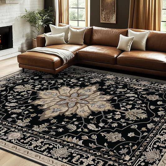 Area Rugs 7'x10' Washable Non-Slip, Floral Vintage Distress Print Pattern Medallion Carpet for Living Room Bedroom Dining Room, Black Brown Neutral Dark Tan
