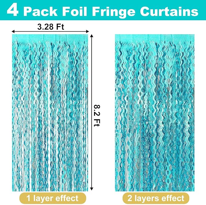 4 Pack Lake Blue Fringe Curtain Backdrop 3.2Ft x 8.2Ft Metallic Tinsel Foil Fringe Streamers Background for Photo Booth, Easter, Mother's Day, Bachelorette, Wedding, Birthday Party Decoration