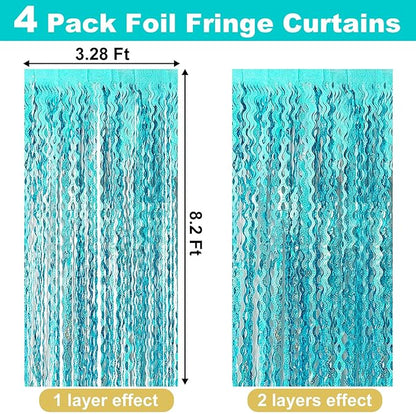 4 Pack Lake Blue Fringe Curtain Backdrop 3.2Ft x 8.2Ft Metallic Tinsel Foil Fringe Streamers Background for Photo Booth, Easter, Mother's Day, Bachelorette, Wedding, Birthday Party Decoration