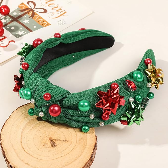 Christmas Headband for Women & Bride with Flower, Pearl & Crystal - Knotted Hairband, Top Knot Headpiece for Ugly Christmas Sweater, Holiday Party Costume, Dresses & Tops, Festive Gift (Green