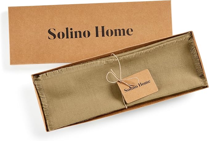 Solino Home Fringe Linen Placemats Set of 4 - 14 x 19 Inch Placemats Kelp - 100% Pure Linen Table Mats for Fall, Autumn, Christmas, Holiday, New Year - Handcrafted and Machine Washable