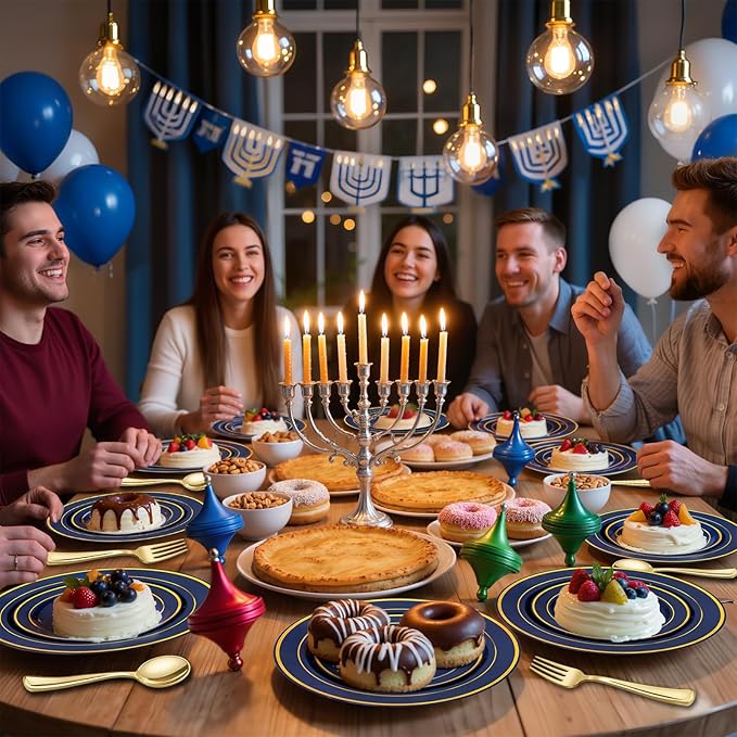 175PCS Blue and Gold Plastic Plates - Navy Blue Plates with Pre Rolled Napkins for Party - 25Guest Disposable Dinnerware Sets for Hanukkah/Party/Hanukkah/Wedding