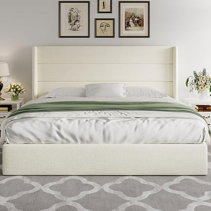 Allewie King Size Lift Up Storage Bed, Chenille Fabric Upholstered, Modern Wingback Headboard, Hydraulic Support, No Box Spring Needed, Cream White