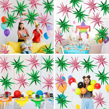 Pink Green Star Balloons,9Pcs 22Inch Pink Green Explosion Spike Cone Helium Polyester Film Star Foil Balloons for Witch Birthday Anniversary Disco Party Decorations