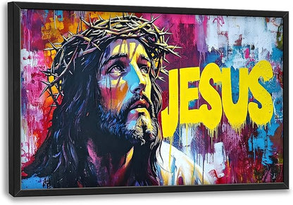 Banksy Jesus Large Wall Art Graffiti Framed Wall Decor for Living Room Pop Street Pictures Oversized Canvas Print Painting Modern Extra Large Framed Artwork for Bedroom Office 36"x24"