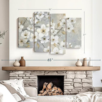 Elephant Stock Golden Garden Wall Art - Horizontal Canvas - 4-Piece Living Room Wall Decor - Leaves Painting Canvas Print - Gray and Beige Decor for Wall by Nan - 43" X 27"