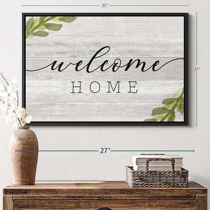 Elephant Stock Rustic Welcome Home Wall Art - Horizontal Floating Framed Canvas - 1-Piece Living Room Wall Decor - Digital Art Inspirational And Typography Canvas Print - Gray and Black Decor for Wall by Natalie Carpentieri - 25" X 17"