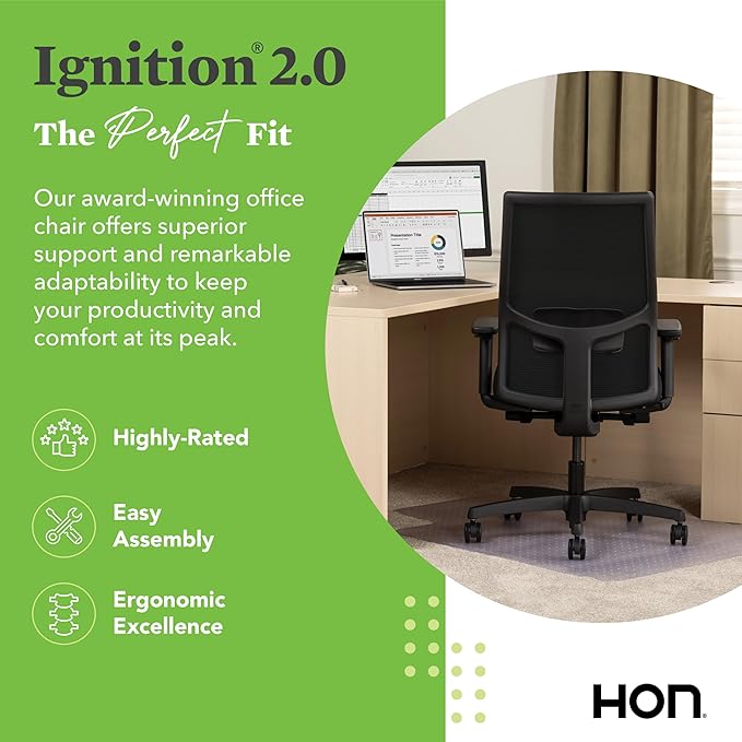 HON Ignition 2.0 Mid Back Task Chair, Spectrum Mesh, Advanced Synchro-Tilt Control, Office Chair with Lumbar Support, Height and Width Adjustable Arms, Black Frame, Leaf