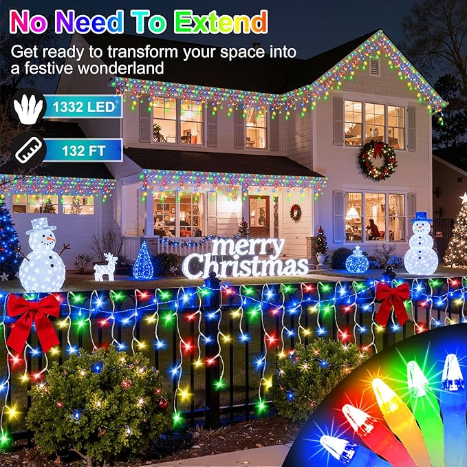 1332 LED 132FT Christmas Lights with 296 Drops, 12 Modes Dimmable Multicolor Outdoor Hanging Lights with Timer Memory, Waterproof Curtain Lights for Home Bedroom Indoor Tree Window Roof Fence Wedding