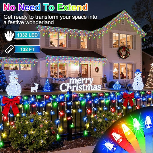 1332 LED 132FT Christmas Lights with 296 Drops, 12 Modes Dimmable Multicolor Outdoor Hanging Lights with Timer Memory, Waterproof Curtain Lights for Home Bedroom Indoor Tree Window Roof Fence Wedding