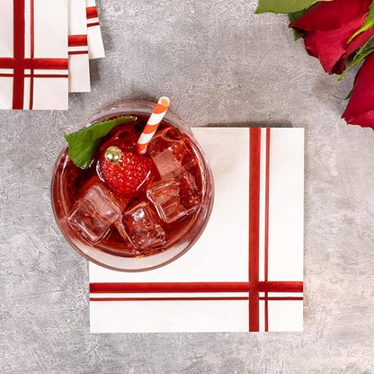 Red on White Cocktail Napkins - 100 Pack, 5" x 5", 3-Ply Paper - Style Name: Blissful Crossing