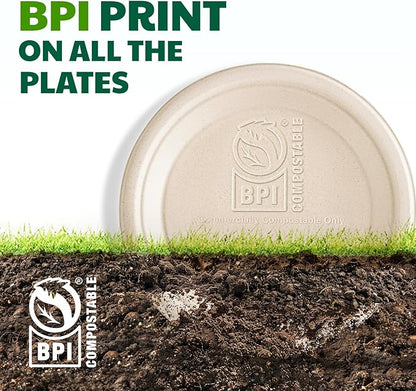 100% Compostable Paper Plates, 10 Inch, 125 Count, Biodegradable Bagasse Plates, Heavy Duty Disposable Plates Bulk for Party | Microwave-Safe | Soak-Resistant, Cut Resistant