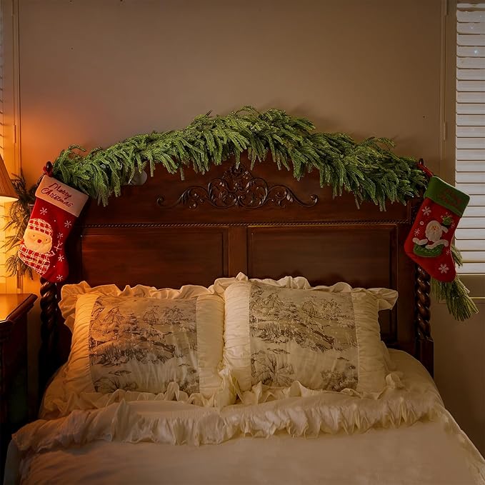 9FT Christmas Garland Artificial Norfolk Pine Garland，Handmade Real Touch Winter Greenery Faux Pine Needles Garland for Home Table Mantle Fireplace Indoor Outdoor Christmas Decor