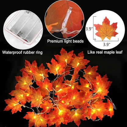 AKIT Maple Leaves Garland Fall Decor Outdoor String Lights Waterproof 45 LED String Lights with Timer, Fall Garland Leafs Lights Fall Decorations for Home Thanksgiving Decor Indoor
