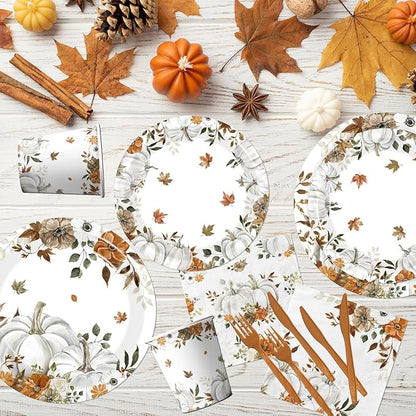 24 Sets Fall Paper Plates and Napkins,Little Pumpkin Baby Shower Decorations,Autumn-Themed Disposable Tableware for Thanksgiving,Harvest Parties,Floral Pumpkin Birthdays Party Supplies