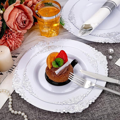 Hioasis 210pcs White and Silver Plastic Plates - Disposable Dinnerware Set Suitable for 30 Guests Include 10.25 Dinner & 7.5 Dessert Plates, Pre Rolled Silverware Set, Cups for Party & Wedding