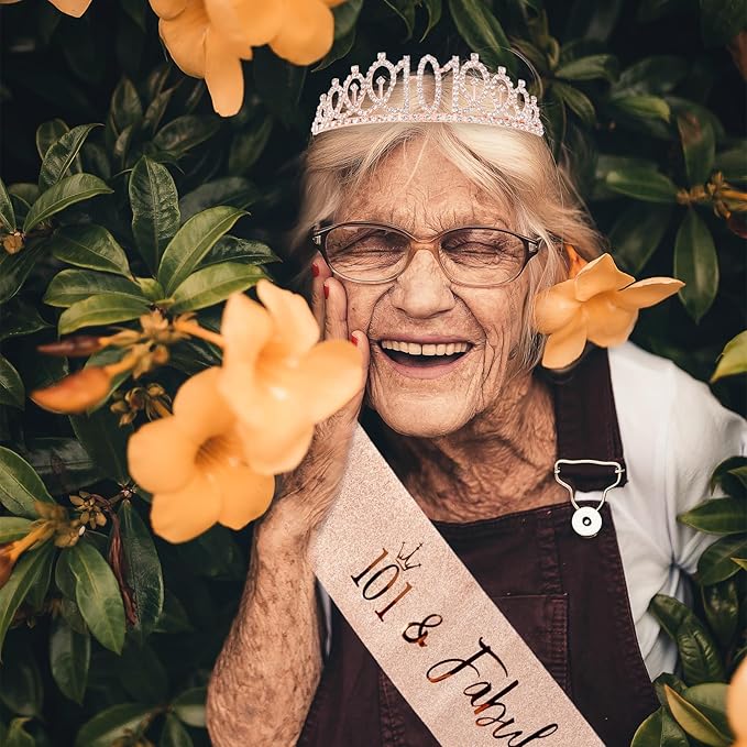 CIEHER 101th Birthday Decorations for Women: Crown, Sash, Pearl Pin - Fabulous 101st Birthday Tiara