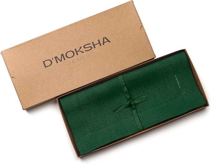 D'Moksha Homes Linen Forest Green Table Runner 36 Inches - 100% Pure Linen Small Table Runner 14 x 36 Inch Ideal for Dresser, Coffee Tables, Christmas, Holiday - Classic Hemstitch
