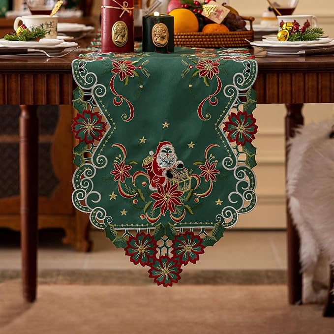 Joyfol Day Christmas Embroidered Green Table Runner 14 x 69 Inch, Cutwork Poinsettia Holly Leaves Santa Claus Table Runners, Tabletop Decoration for Winter Holiday Xmas/Dinner Party