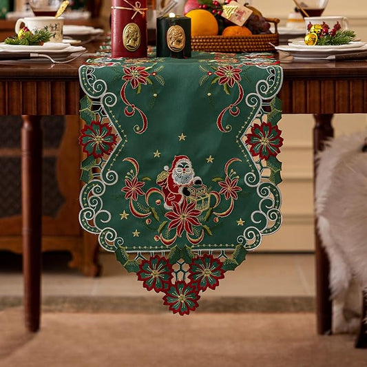Joyfol Day Christmas Embroidered Green Table Runner 14 x 69 Inch, Cutwork Poinsettia Holly Leaves Santa Claus Table Runners, Tabletop Decoration for Winter Holiday Xmas/Dinner Party