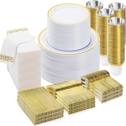 BESTVIP 700 PCS Gold Dinnerware Set for 100 Guests, Plastic Dinnerware Set for Party, Christmas, Halloween, Include: 200 Plastic Plates, 100 Gold Silverware, 100 Cups, 100 Paper Napkins