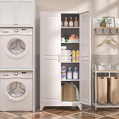 Kitchen Pantry Cabinet,75”White Metal Storage Cabinets with Doors and 4 Adjustable Shelves,Kitchen Cabinet with 2 Gold Handles,Tall Cabinet for Livingroom,Pantry, Bathroom