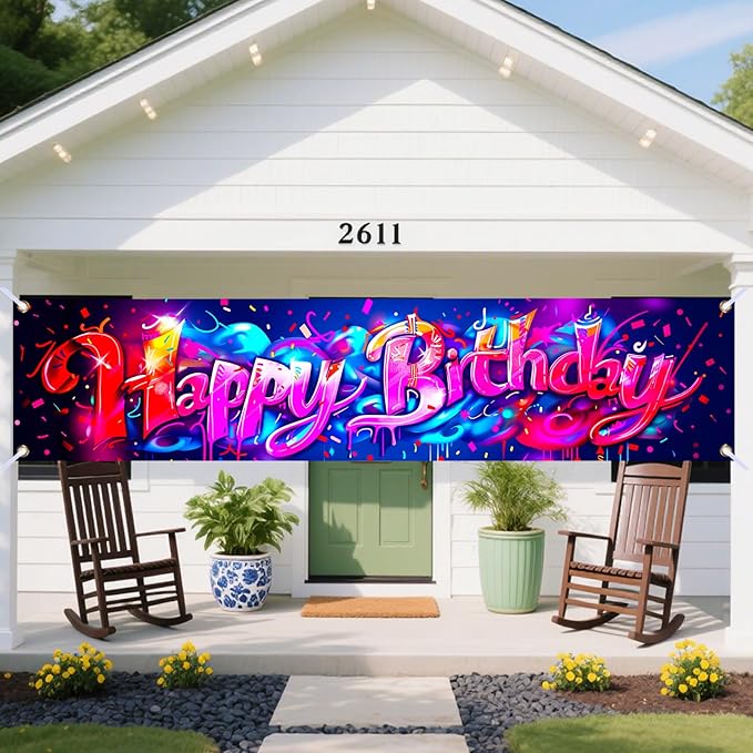 Nuxovilar Happy Birthday Banner Decorations 17.72x78.74 Inch Graffiti Neon Theme - Polyester for Indoor Outdoor Birthday Party Decor