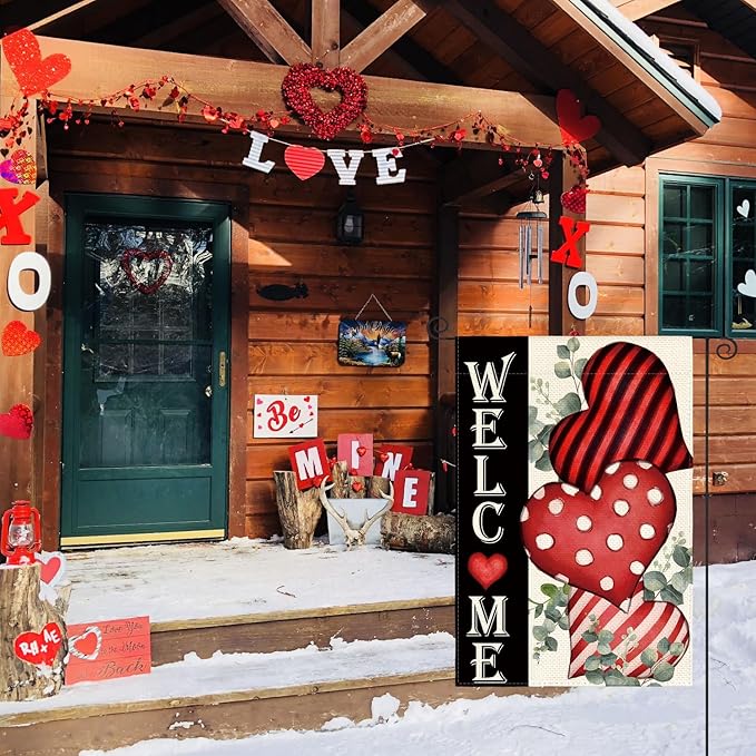 AVOIN colorlife Valentines Day Welcome Garden Flag 12x18 Inch Outside Double Sided, Anniversary Love Heart Rustic Yard Outdoor Decoration