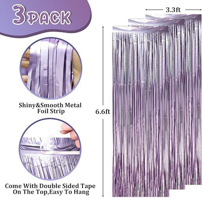 3 Pack 3.3 x 6.6 ft Lavender Foil Fringe Backdrop Curtains, Tinsel Streamers Party Decorations, Fringe Backdrop for Birthday, Baby Shower, Gender Reveal, Graduation