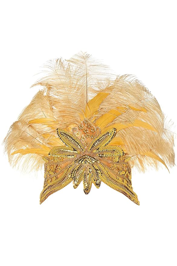 BABEYOND Carnival Feather Headpiece Showgirl Pageant Headband Women's 1920s Flapper Headband (Gold)