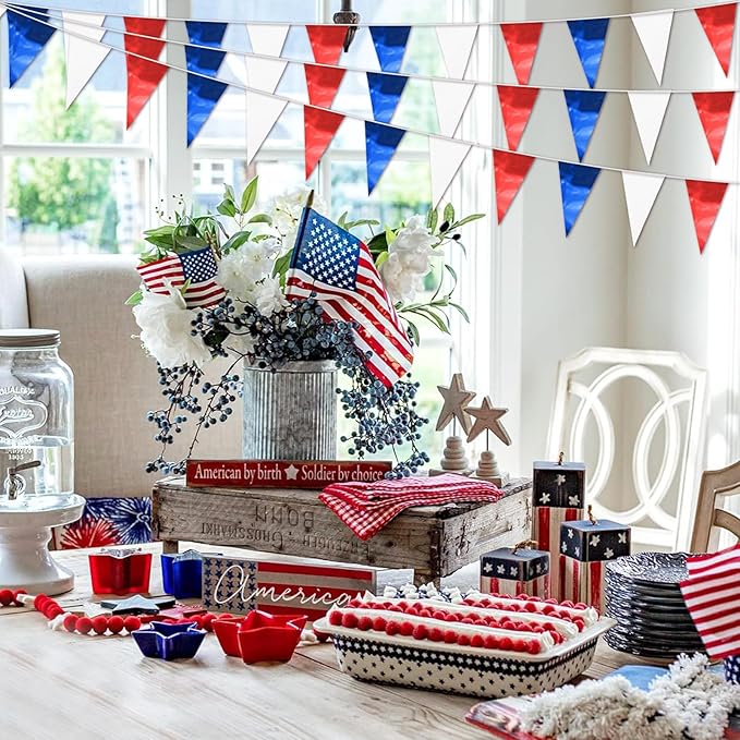 65FT White Blue Red Glitter Triangle Pennant Banner Flag Metallic Bunting Fabric Garland for Christmas Graduation, Independence Day, 4th of july, Patriotic Themed Party Decoration