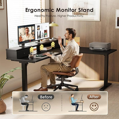 Casaottima 59 Inch Electric L-Shaped Standing Desk with Drawers, Height Adjustable Stand Up Corner Desk with Monitor Stand, Lift Table for Home, Office, Workstation, Black