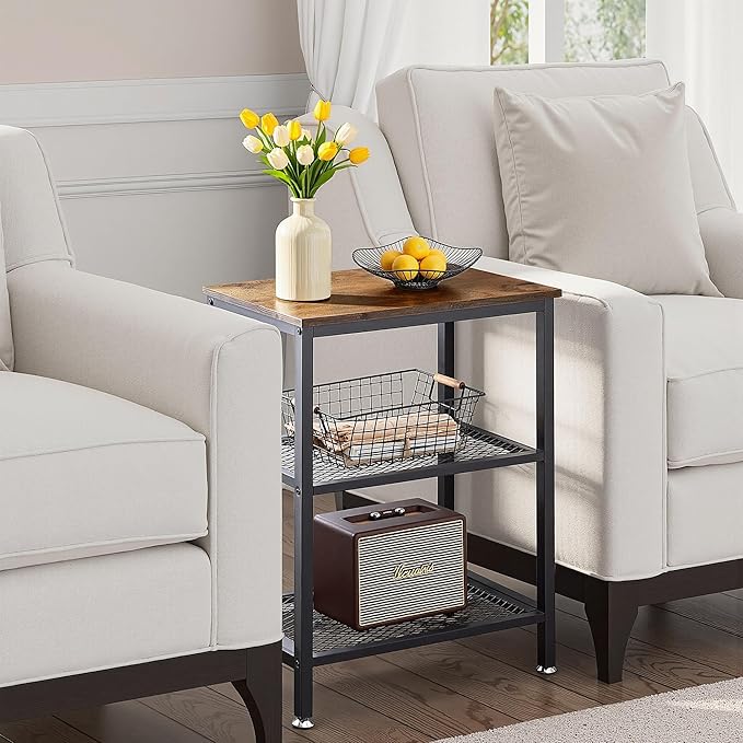 VECELO Tall End Side Tables,30" Height Nightstand with 3-Tier Storage Shelf for Bedroom Living Room, Easy Assembly,Industrial Style, Brown