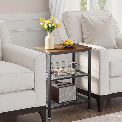 VECELO Tall End Side Tables,30" Height Nightstand with 3-Tier Storage Shelf for Bedroom Living Room, Easy Assembly,Industrial Style, Brown