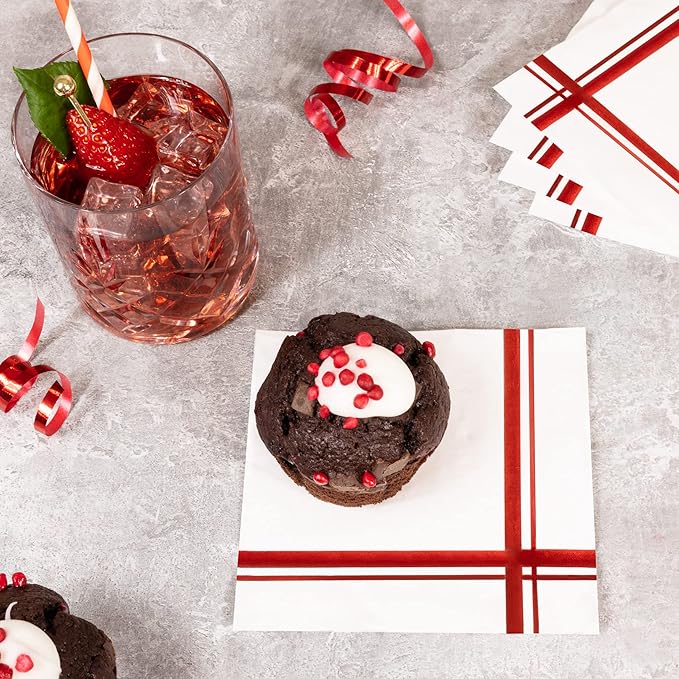 Red on White Cocktail Napkins - 100 Pack, 5" x 5", 3-Ply Paper - Style Name: Blissful Crossing