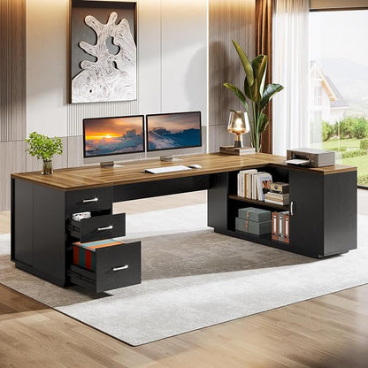 Tribesigns 85.8-Inch L-Shaped Executive Office Desk with File Drawers & Storage Cabinet, Professional Corner Computer Desk Extra Large Business Workstation with Adjustable Shelves (Brown&Black)
