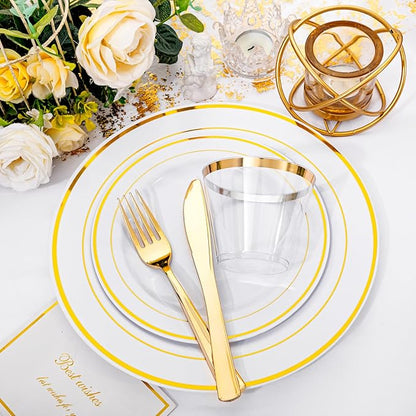 175 Pcs Gold Dinnerware Set, Plastic Plates Disposable for 25 Guests Include:25 Gold Rim Dinner Plates, 25 Dessert Plates, 25 Paper Napkins, 25 Cups, 25 Silverware Set Perfect for Party