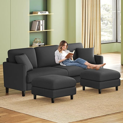 83" Couches for Living Room, Comfy Sofas for Living Room with Storage Ottomans, Teddy Sofa Couch, Tool-Free Loveseat Sofa, All-Wood Love Seat Couches, U Shaped Couch 2 Pillow Included, Grey