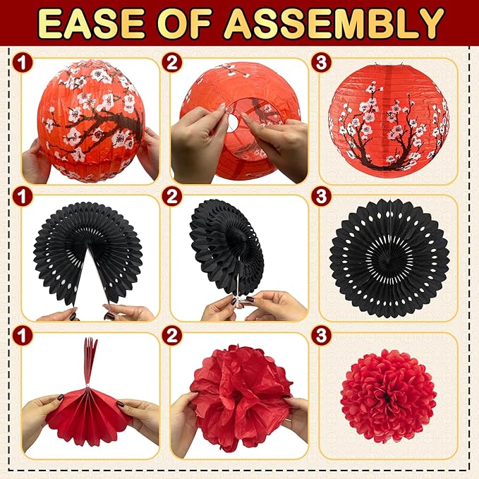 14Pcs Hibachi Party Decorations, Japanese Lanterns with Cherry Blossom Patterns Tissue Paper Pom Poms Round Paper Fans Happy Birthday Banner Set for Hibachi Japanese Party Decorations