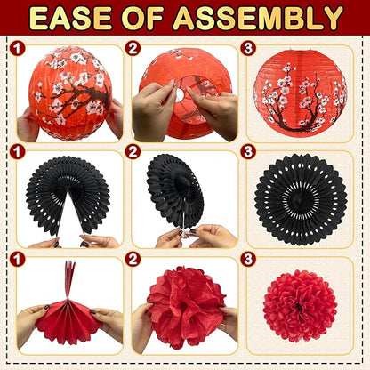 14Pcs Hibachi Party Decorations, Japanese Lanterns with Cherry Blossom Patterns Tissue Paper Pom Poms Round Paper Fans Happy Birthday Banner Set for Hibachi Japanese Party Decorations