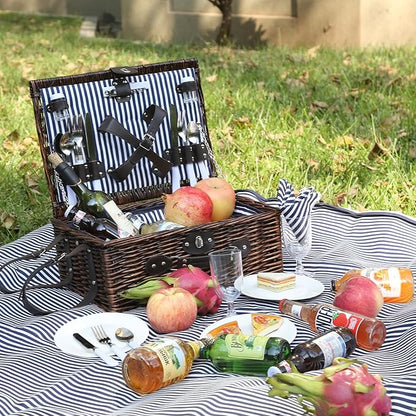 Picnic Basket for 4 Persons with Waterproof Picnic Blanket and Insulated Cooler, Large Wicker Picnic Basket for Camping, Outdoors, Valentine's Day, Christmas, Birthday, Wedding Gift