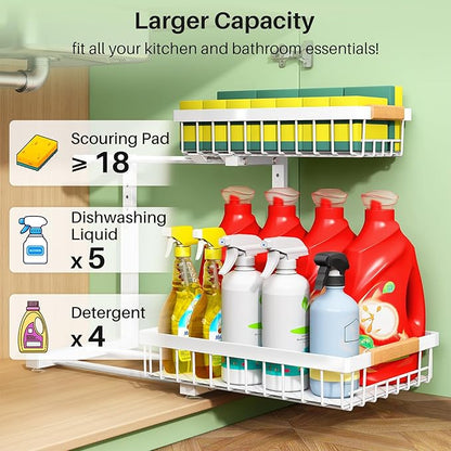 Kitstorack Under Sink Organizer, 2 Tier Under the Sink Storage, Slide out Pull out Cabinet Organizer Shelf, Metal Sliding Drawer for Kitchen Bathroom Pantry Closet Organization Rack, White, 1 Pack