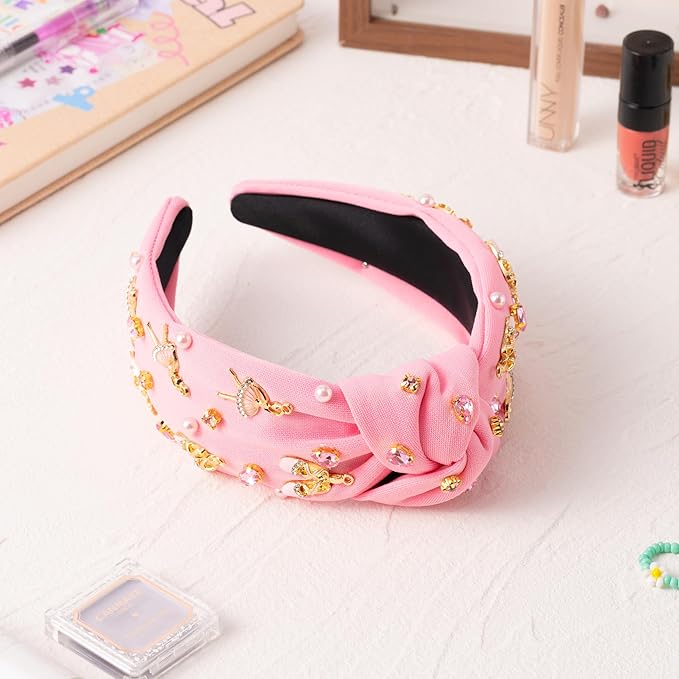 PANTIDE Ballerina Jeweled Knotted Headband - Dancing Girl Ballet Shoes Rhinestone Crystal Pearl Embellished Headband Wide Top Knot Hair Accessories Outfits Birthday Gift for Dancer Women Girl (Pink)