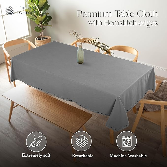 Ash Grey Cotton Tablecloth, Tabletop 52x70 Inch, Fits 4-6 Seats, Soft, Durable, Washable, Wrinkle Resistant, Rectangle Table Cloth for Dining, Events, Modern Decor, Home Dining
