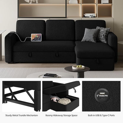 Yaheetech Sectional Sofa L-Shaped Sofa Couch Bed w/Chaise & USB, Reversible Couch Sleeper w/Pull Out Bed & Storage Space Living Room Black