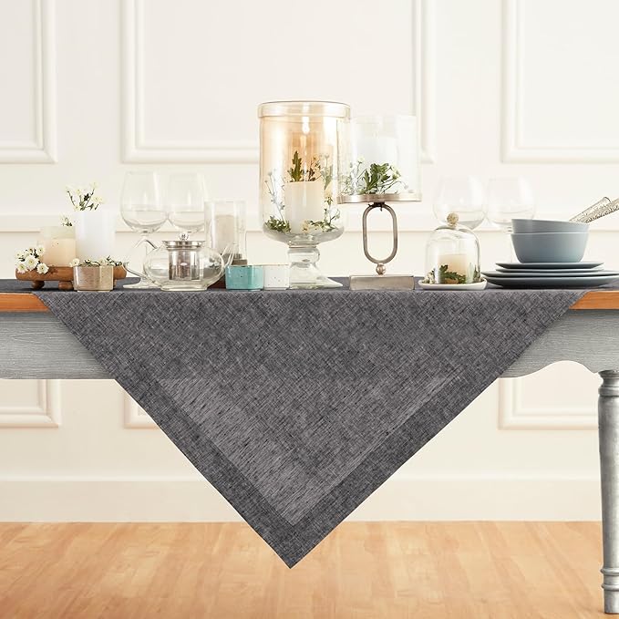 Solino Home Linen Cloth Tablecloth 52 x 52 Inch - 100% Pure Linen Chambray Black Square Tablecloth - Athena, Machine Washable Table Throw for Fall, Autumn, Winter, Holiday
