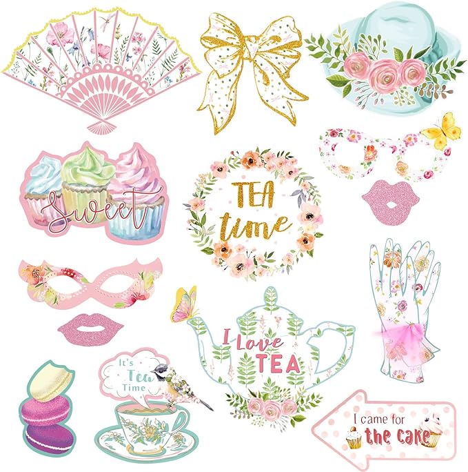SUNBEAUTY 14 Pcs Tea Party Photo Booth Props Tea Party Decorations Alice in Wonderland Party Supplies Garden Party Bridal Shower for Girls Women