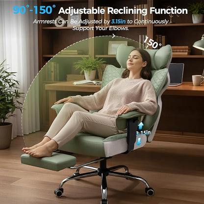 COMHOMA Big and Tall Office Chair Wide Ergonomic Gaming Chair with Deluxe Embossing Designed Leather with Foot Rest,150°Reclining Adjustable Armrests Pocket Spring Back Support and Pillow