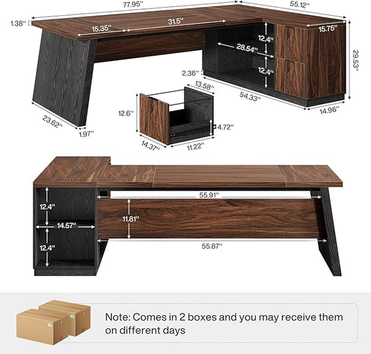 Tribesigns 78" L Shaped Executive Desk, Large Office Desk with Drawers and Storage Shelves, Modern Corner Computer Table Business Furniture for Home Office (Walnut & Brown)