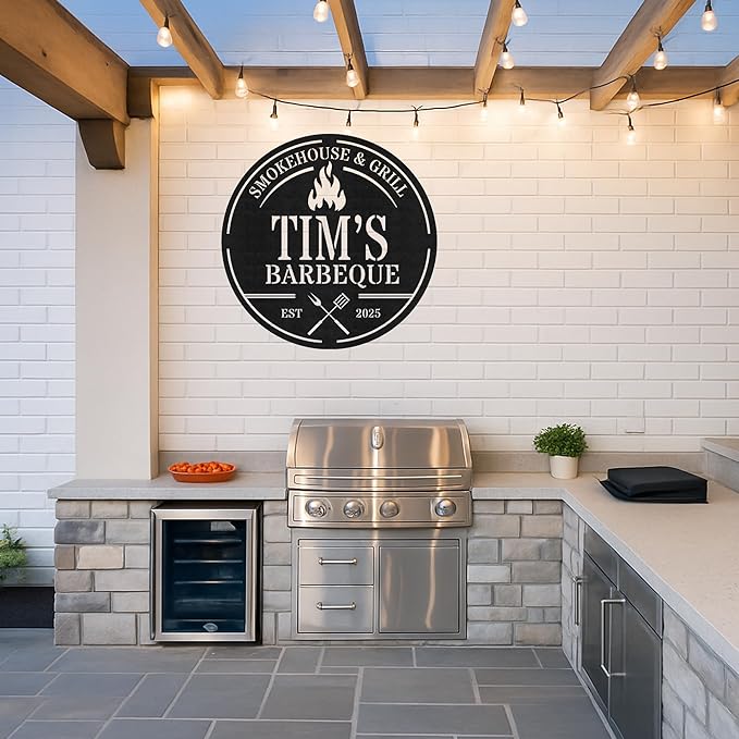 Personalized BBQ Corner Metal Sign, Custom Grill Name Cut Wall Art for Outdoor Kitchen, Rustic Patio and Backyard Gift